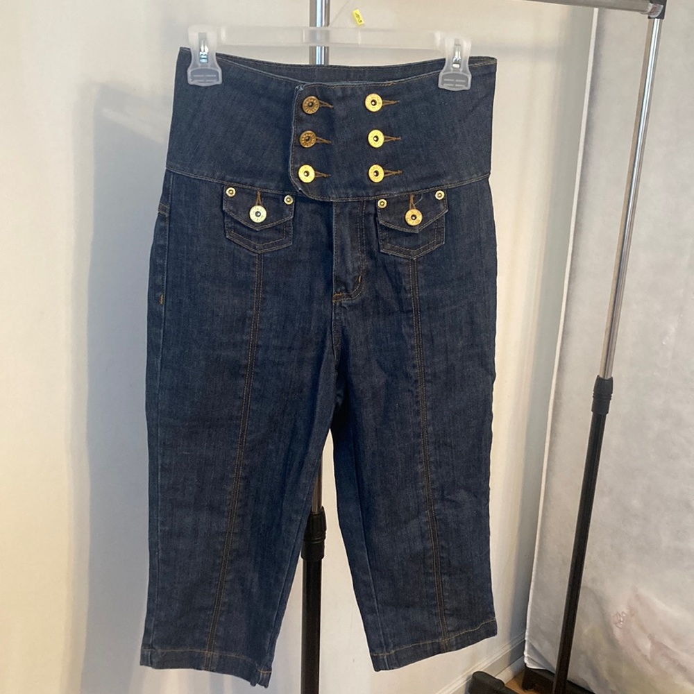 Zana Di Double Breasted Capri Dark Denim Sailor Skinny Jeans Sz 7